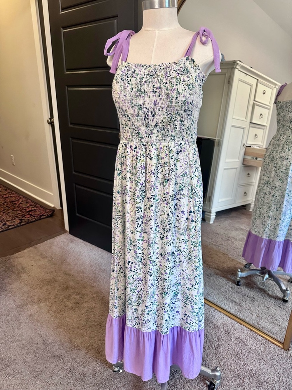 If She Loves Floral Smocked Dress Tie Strap Lavender Boho Cottagecore Size M